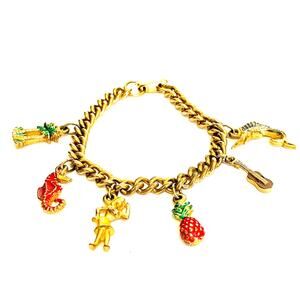 VTG Hawaiian Charm Bracelet Beach Tropical Hula Girl Palm Tree Fish Guitar 6.5"